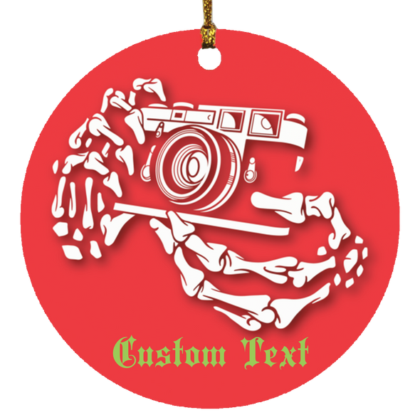 Personalized Skeleton Hands & Rangefinder Camera Christmas Ornament - Add Your Name or Custom Text!