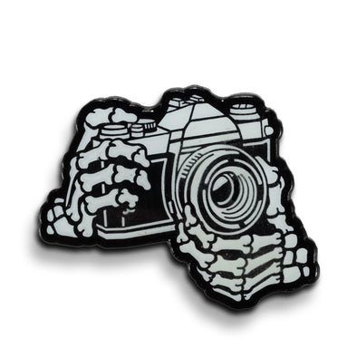 35mm Film SLR Camera Skeleton Hands Glow in the Dark Lapel Pin - Shoot Film Co.