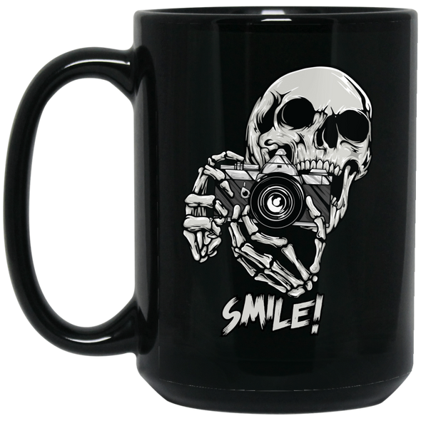Smile! Skeleton with 35mm SLR Film Camera 15 Oz Black Mug - Shoot Film Co.