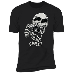 Smile! Skeleton with 35mm SLR Film Camera Premium Short Sleeve T-Shirt - Shoot Film Co.
