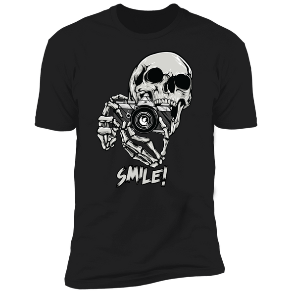 Smile! Skeleton with 35mm SLR Film Camera Premium Short Sleeve T-Shirt - Shoot Film Co.