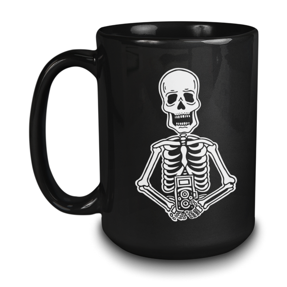 Skeleton with TLR Camera 15 Oz. Ceramic Black Mug - Shoot Film Co.